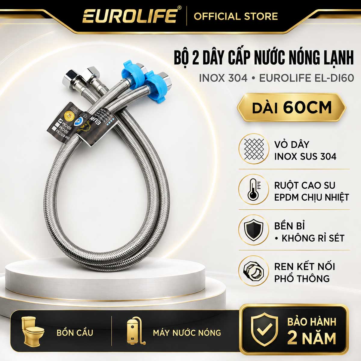 Bộ 2 dây cấp nước nóng lạnh Eurolife EL-DI60 dài 60cm, phù hợp vòi nóng lạnh hoặc vị trí cần thêm chiều dài để bố trí dây thuận tiện.