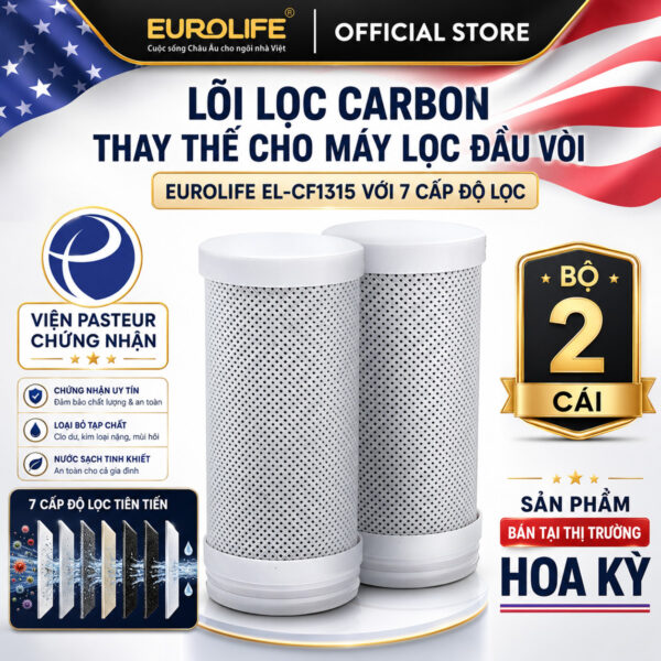 Bộ 2 lõi thay thế máy lọc nước tại vòi Eurolife EL-CF1315, tiện lợi cho nhu cầu thay lõi định kỳ, hỗ trợ giảm Clo, giảm mùi và cải thiện nước sau lọc.