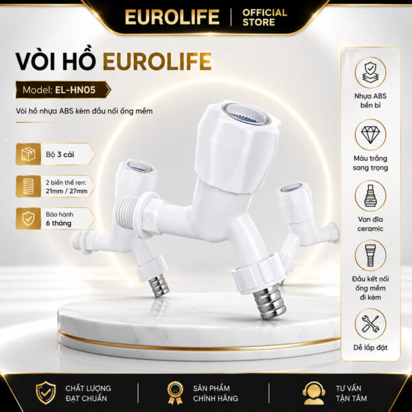 Bộ 3 vòi hồ nhựa ABS Eurolife EL-HN05 màu trắng, có lựa chọn ren kết nối 21mm hoặc 27mm, dùng để tưới cây, rửa sân và xả lấy nước.