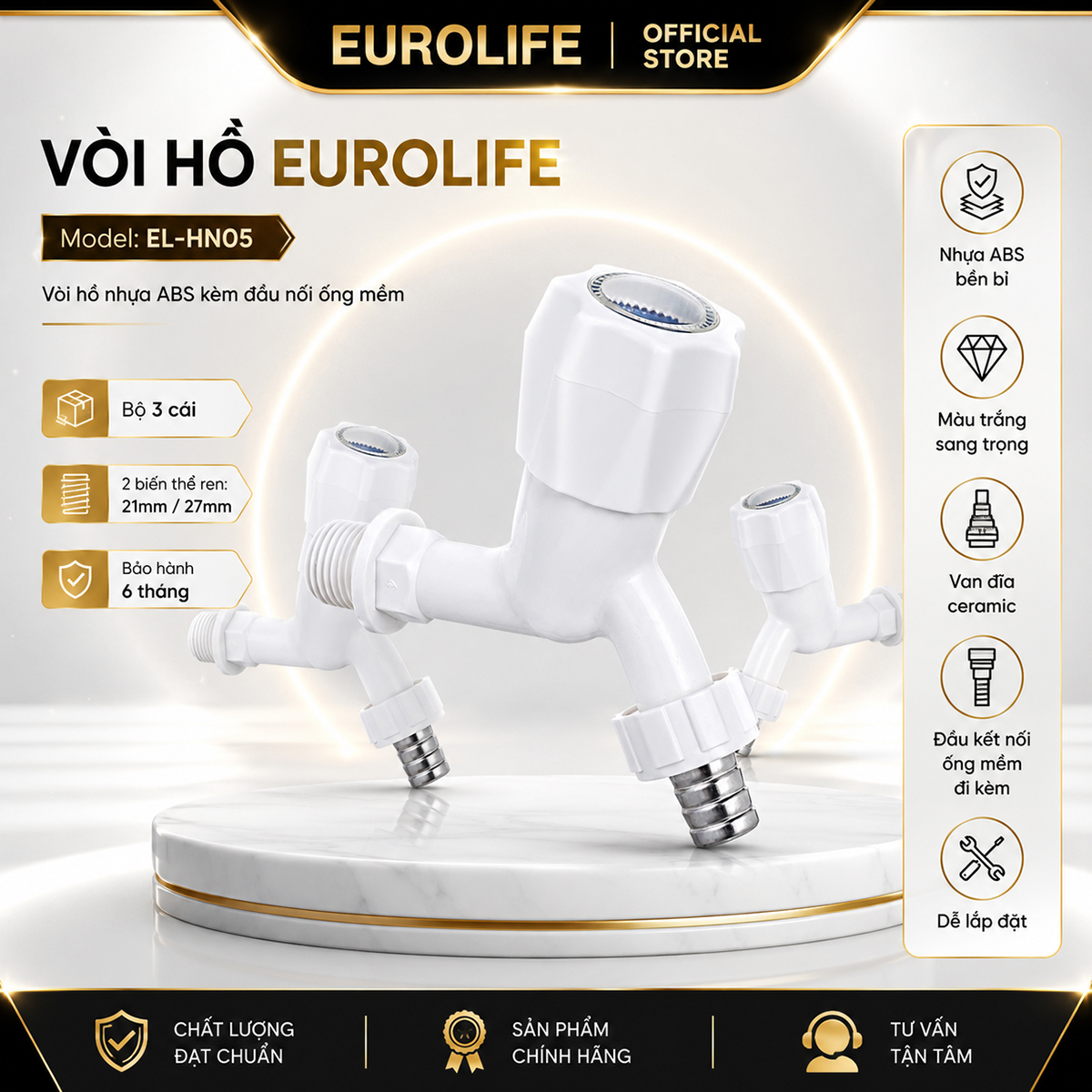Bộ 3 vòi hồ nhựa ABS Eurolife EL-HN05 màu trắng, có lựa chọn ren kết nối 21mm hoặc 27mm, dùng để tưới cây, rửa sân và xả lấy nước.