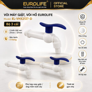 Bộ 3 vòi hồ nhựa PP thân dài 110mm Eurolife EL-VHX2127-D – Van bi ABS, chọn ren 21mm hoặc 27mm