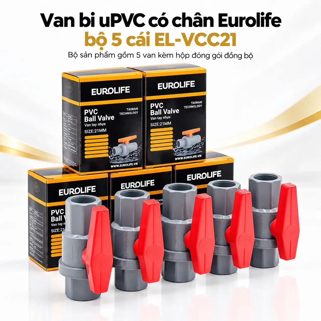 Bộ 5 van bi Eurolife EL-VCC21 size 21 mm 1/2 inch cùng hộp đóng gói