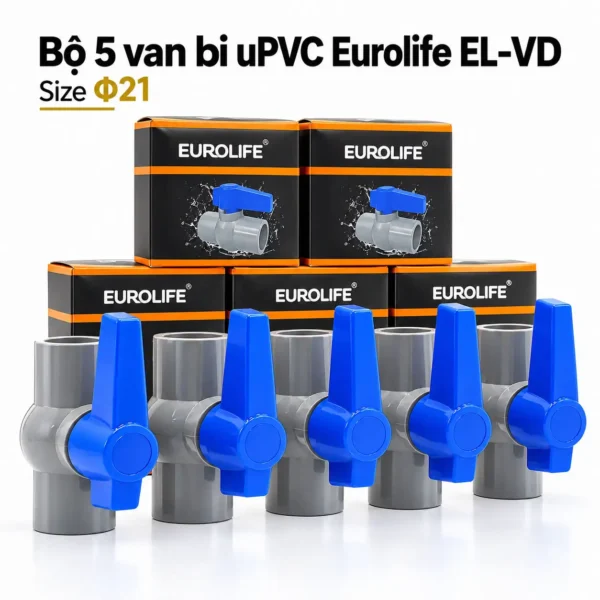 Bộ 5 van bi uPVC Eurolife EL-VD21 size 21mm DN15 1/2 inch kèm hộp
