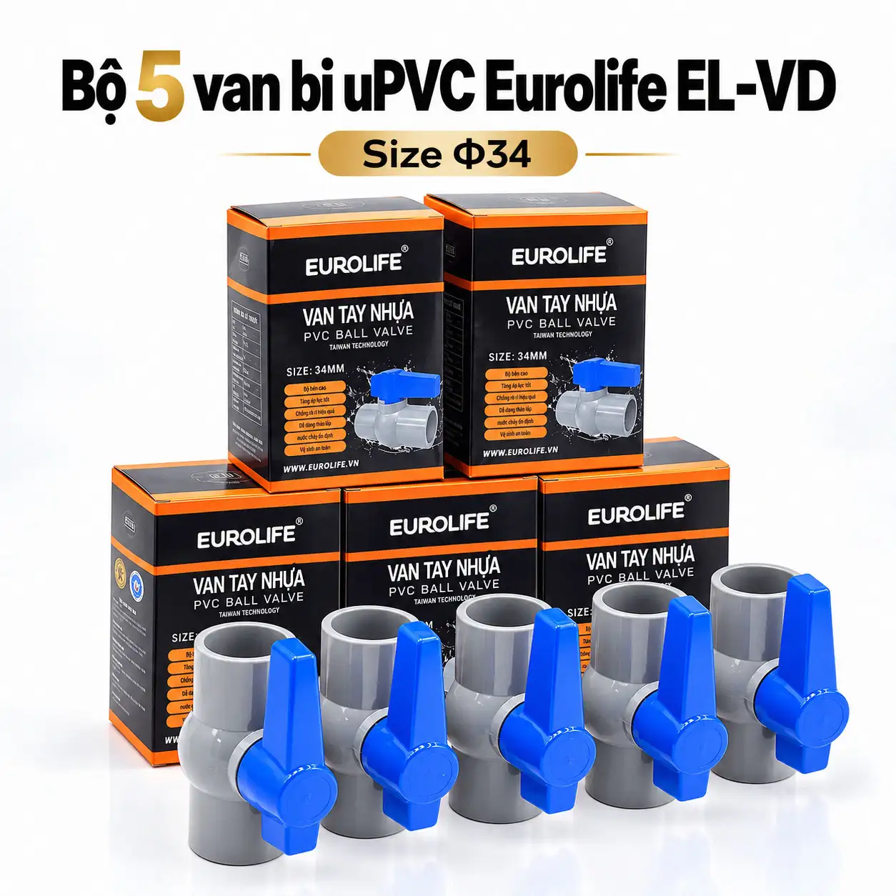 Bộ 5 van bi uPVC Eurolife EL-VD34 size 34mm DN25 1 inch