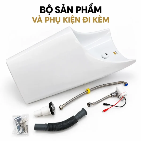 Thân bồn tiểu EL-BT221 cùng bộ van cảm ứng, dây cấp, bộ xả thải và túi phụ kiện treo.