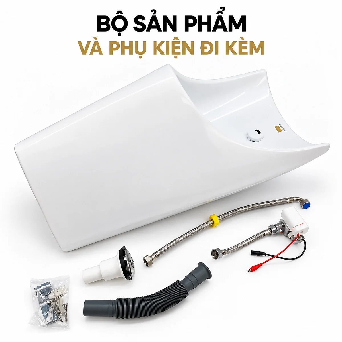 Thân bồn tiểu EL-BT221 cùng bộ van cảm ứng, dây cấp, bộ xả thải và túi phụ kiện treo.
