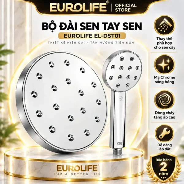 Bộ đài sen tay sen Eurolife EL-DST01 gồm đài sen Ø200mm và tay sen EL-H120 mạ Chrome