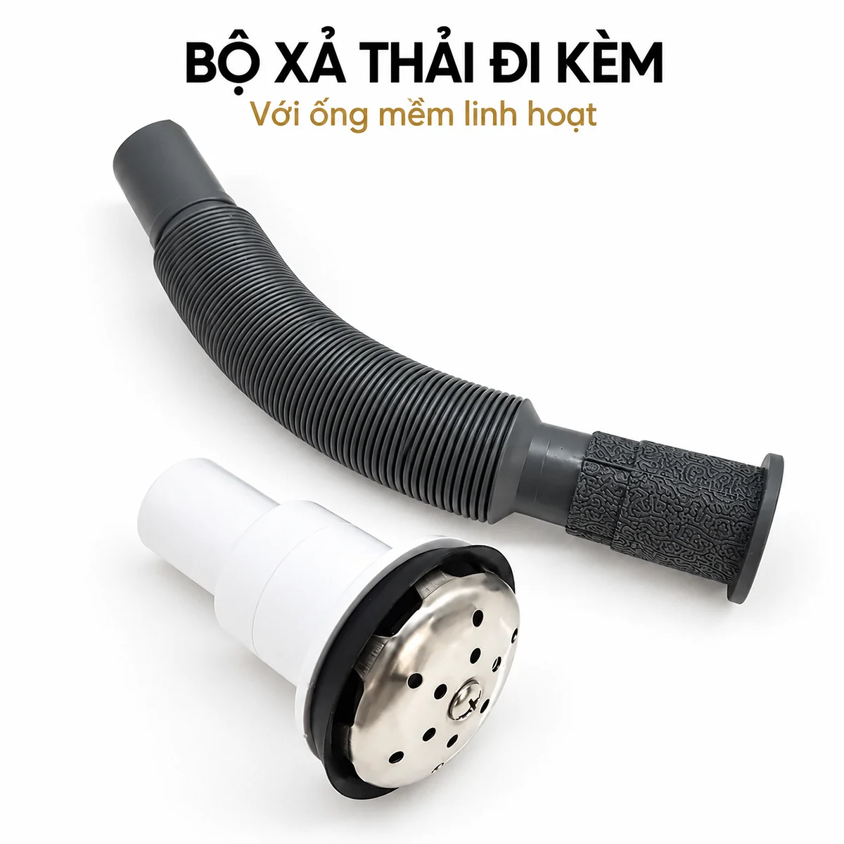 Ống thoát mềm màu xám và cụm rốn xả có nắp che inox đi kèm Eurolife EL-BT221.