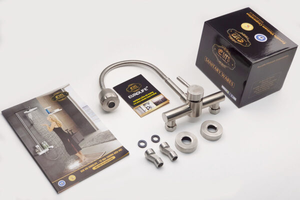 Bộ linh kiện vòi rửa chén Eurolife EL-T017AT gồm thân vòi inox 304, cần lò xo, đầu vòi 2 chế độ, chân quỳ, ron cao su và phụ kiện lắp đặt.