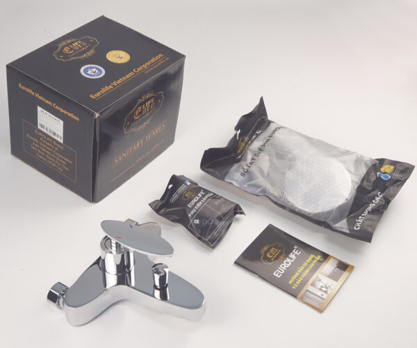 Hình ảnh bộ phụ kiện củ sen nóng lạnh Eurolife EL-CAM 01 gồm hộp đóng gói, túi phụ kiện, bát sen, sách hướng dẫn và phiếu bảo hành, thuộc combo sen tắm nóng lạnh Eurolife CAM 03.