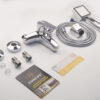 Hình ảnh bộ phụ kiện củ sen nóng lạnh Eurolife EL-IRIS 01 trong combo sen tắm nóng lạnh Eurolife IRIS 03, gồm tay sen, dây sen, bát gác, chân kết nối, nắp che chân sen, gioăng, sách hướng dẫn và phiếu bảo hành.