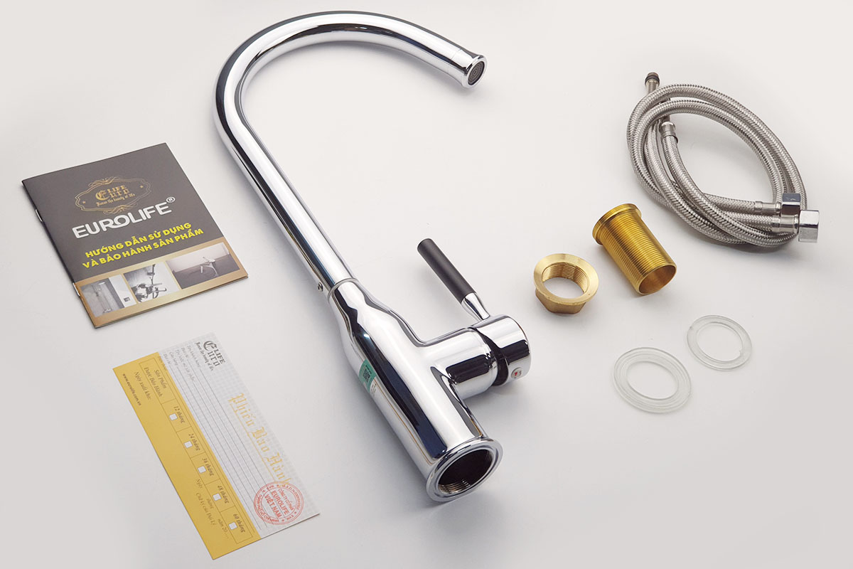 Bộ phụ kiện lắp đặt vòi rửa chén Eurolife EL-KM04 đi kèm đầy đủ dây cấp 50cm, bát gắn, gioăng và tài liệu bảo hành, giúp khách hàng thuận tiện hơn khi mua và lắp đặt.