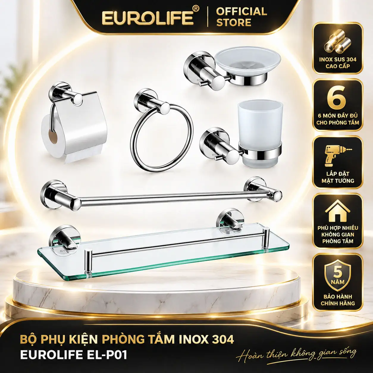 Bộ phụ kiện phòng tắm inox 304 6 món Eurolife EL-P01