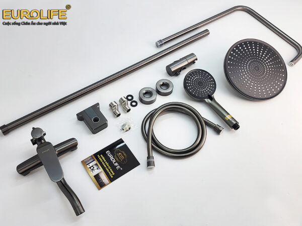 Hình ảnh bộ phụ kiện đầy đủ của sen cây Eurolife EL-SC929, gồm củ sen, bát sen, tay sen, dây sen, thân sen, chân kết nối và phụ kiện lắp đặt.