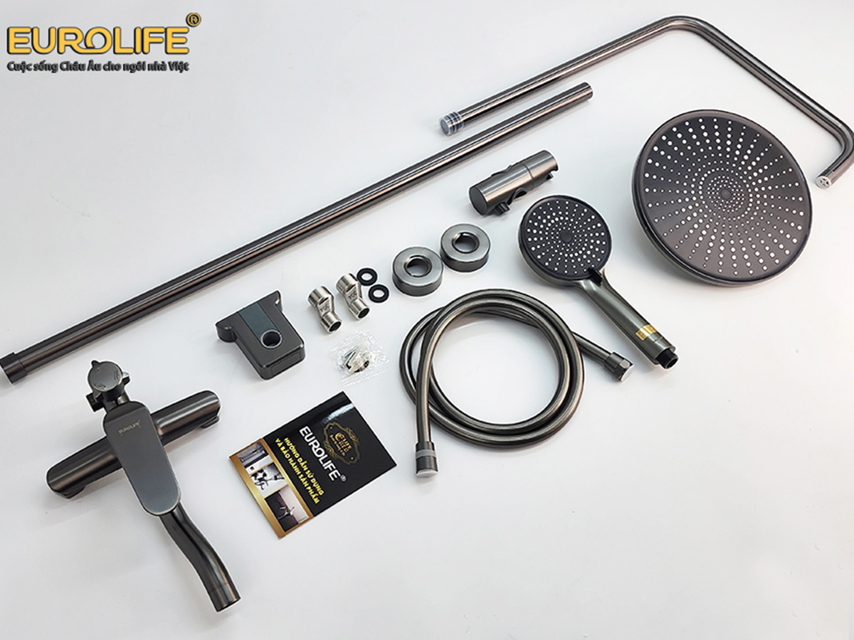 Hình ảnh bộ phụ kiện đầy đủ của sen cây Eurolife EL-SC929, gồm củ sen, bát sen, tay sen, dây sen, thân sen, chân kết nối và phụ kiện lắp đặt.