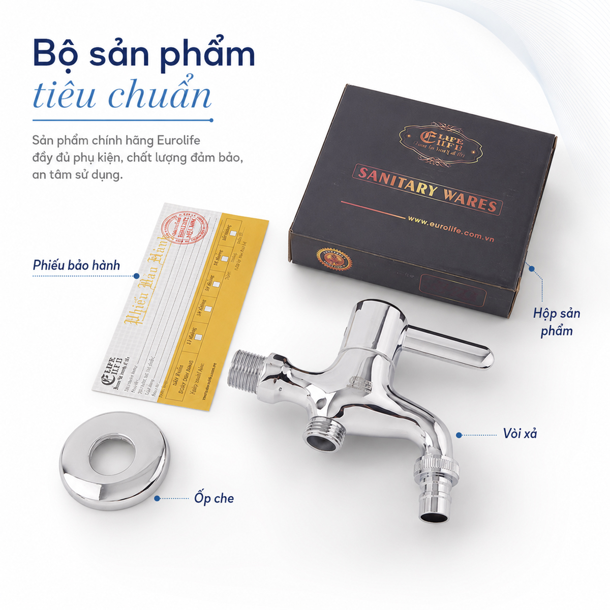 Bộ sản phẩm tiêu chuẩn củ sen lạnh Eurolife EL-SL109 gồm thân vòi, ốp che, hộp sản phẩm và phiếu bảo hành, giúp khách hàng yên tâm khi mua hàng chính hãng.