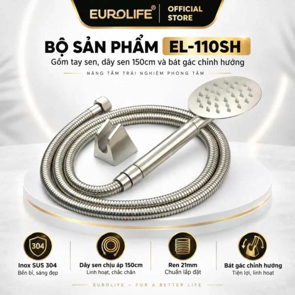 Bộ sản phẩm Eurolife EL-110SH gồm tay sen Inox SUS 304, dây sen 150cm và bát gác cài 2 hướng