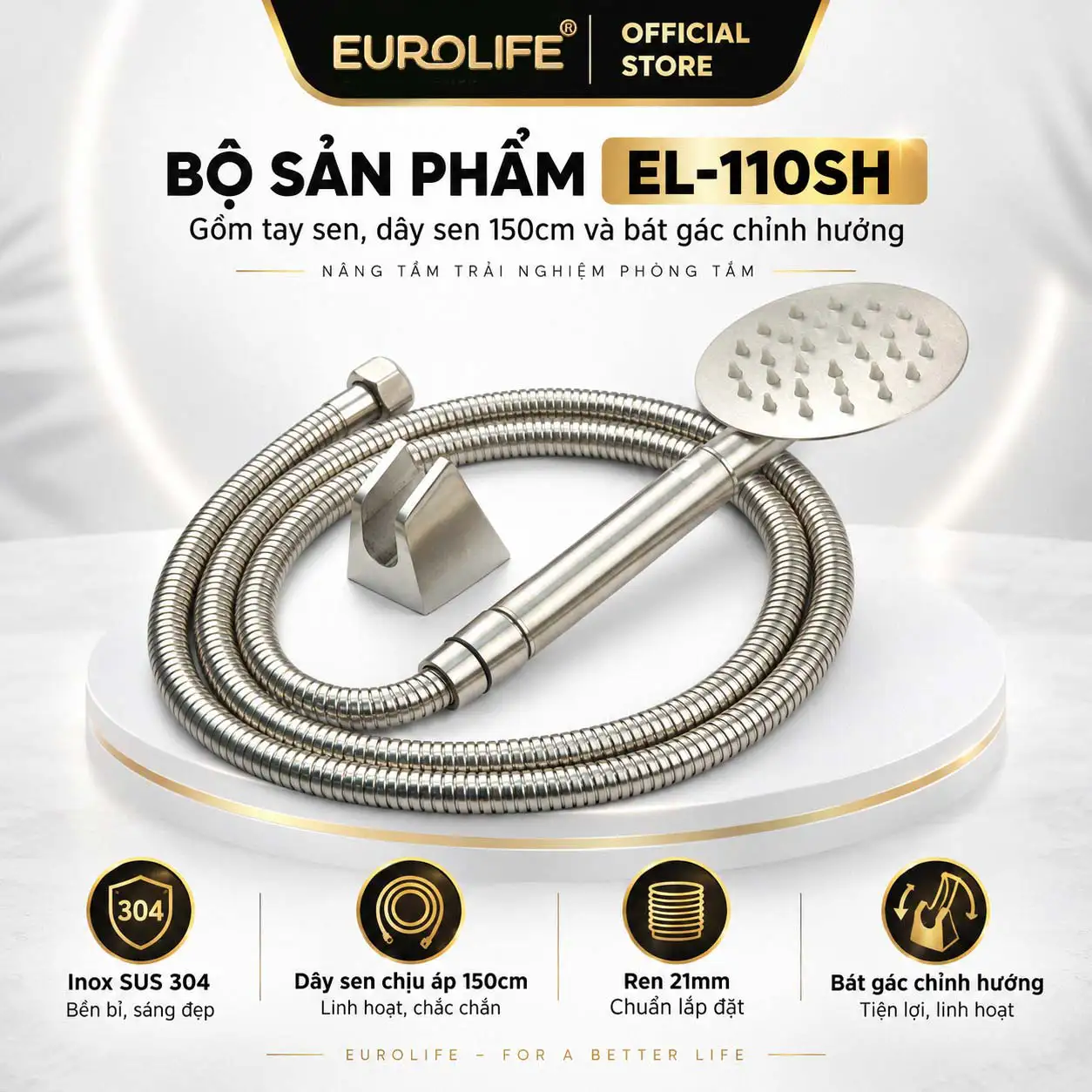 Bộ sản phẩm Eurolife EL-110SH gồm tay sen Inox SUS 304, dây sen 150cm và bát gác cài 2 hướng