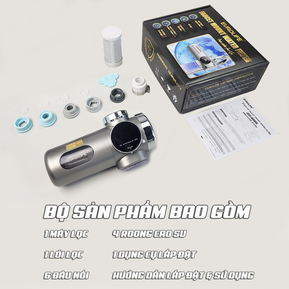 Bộ sản phẩm máy lọc nước gắn vòi Eurolife EL-LS-A15 gồm thân máy, lõi lọc, 6 đầu nối, 4 roong cao su, dụng cụ lắp đặt và hướng dẫn sử dụng.