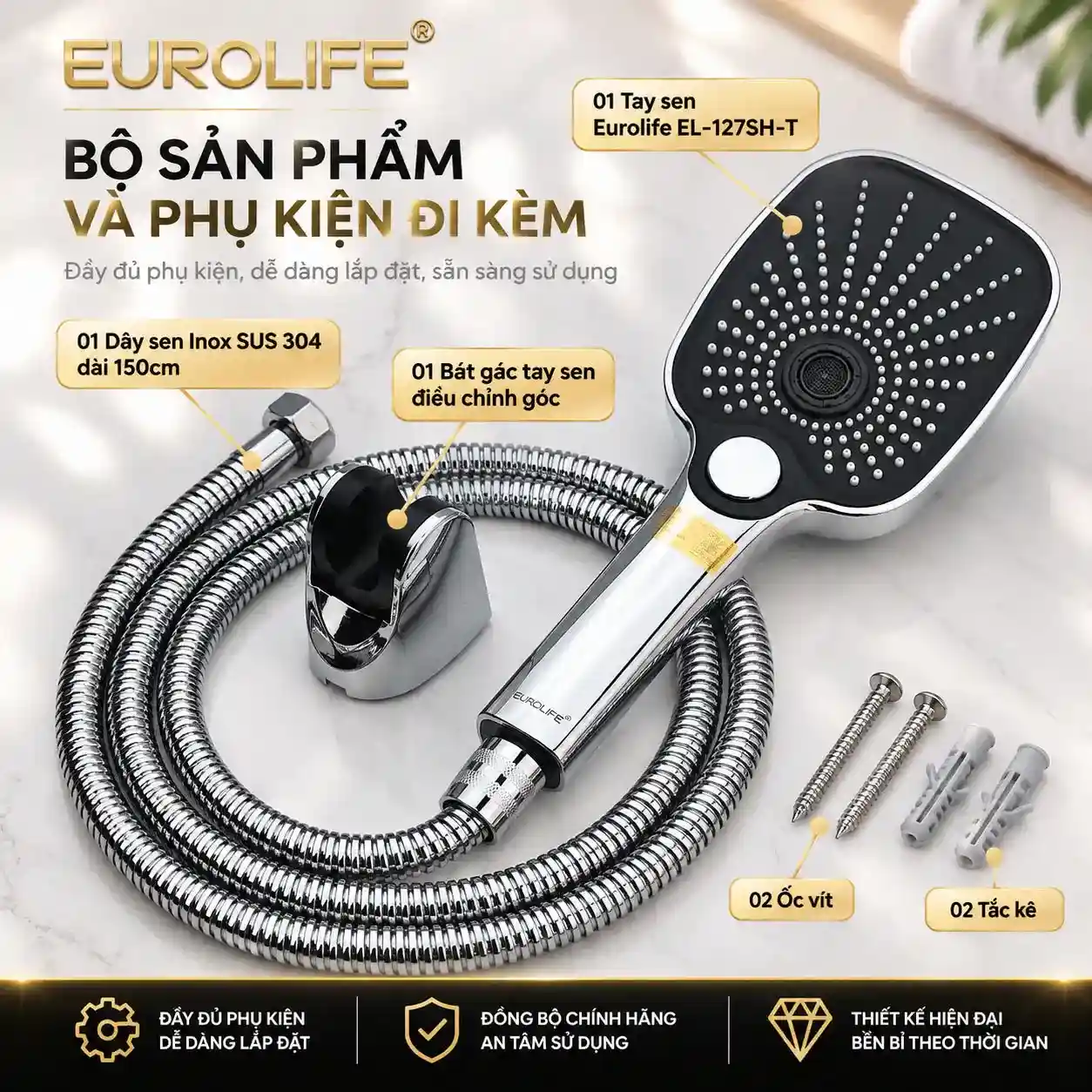 Bộ Eurolife EL-127SH-T gồm tay sen 3 chế độ, dây sen 150 cm, bát gác, 2 ốc vít và 2 tắc kê