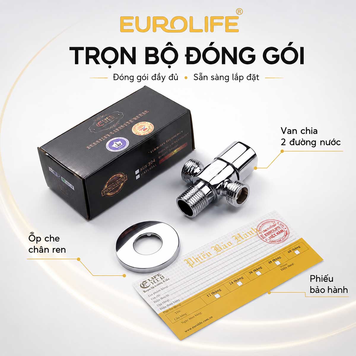 Trọn bộ van T chia 2 đường nước Eurolife EL-VG02 gồm thân van mạ Chrome, bát che chân ren, phiếu bảo hành và hộp đóng gói chính hãng.