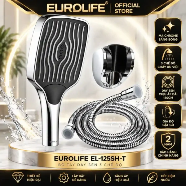 Bộ tay dây sen 3 chế độ Eurolife EL-125SH-T Chrome dây SUS 304 150cm
