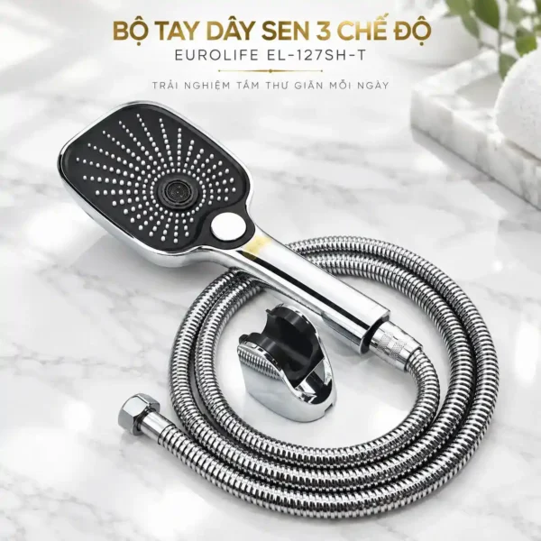 Bộ tay dây sen 3 chế độ Eurolife EL-127SH-T Chrome gồm tay sen, dây 150 cm và bát gác
