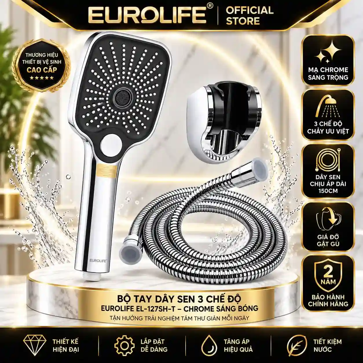 Bộ tay dây sen 3 chế độ Eurolife EL-127SH-T Chrome sáng bóng gồm tay sen, dây 150 cm và bát gác