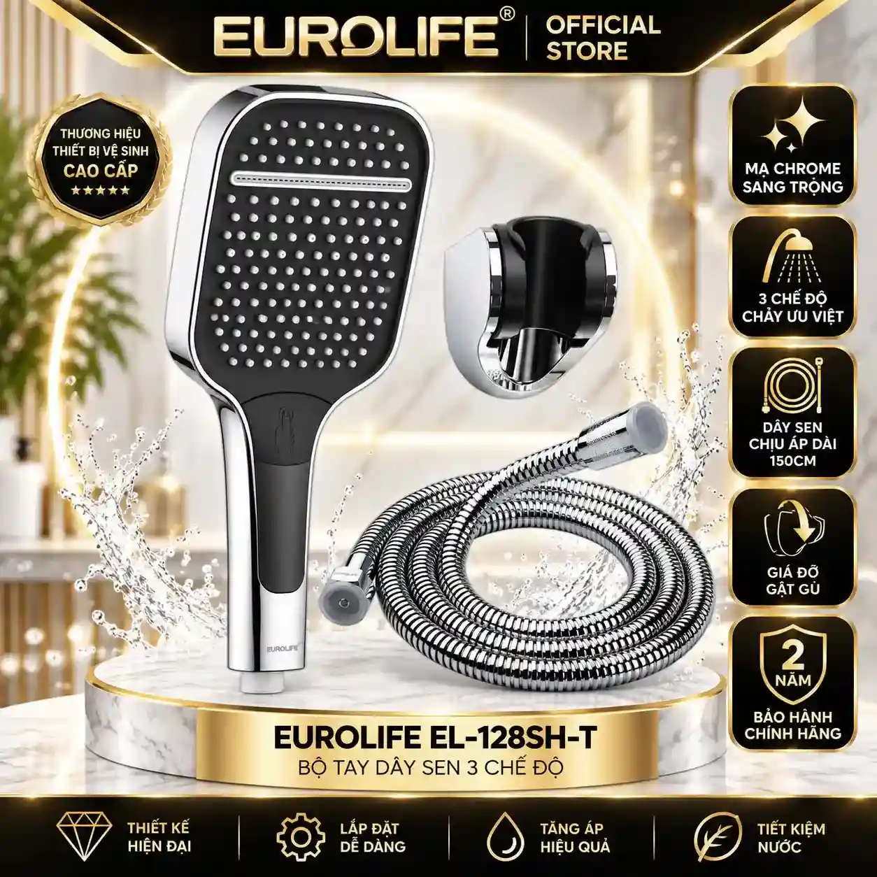 Bộ tay dây sen 3 chế độ Eurolife EL-128SH-T gồm tay sen mặt vuông dây SUS 304 và bát gác Chrome
