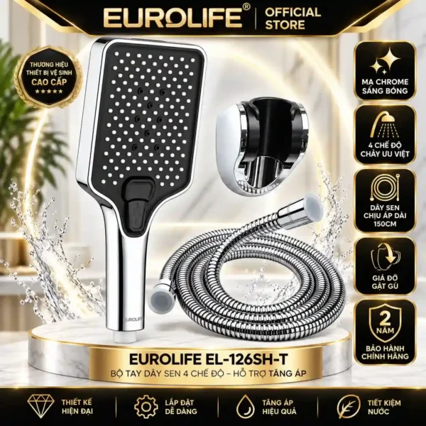 Bộ tay dây sen 4 chế độ Eurolife EL-126SH-T mạ Chrome hỗ trợ tăng áp kèm dây sen 150 cm