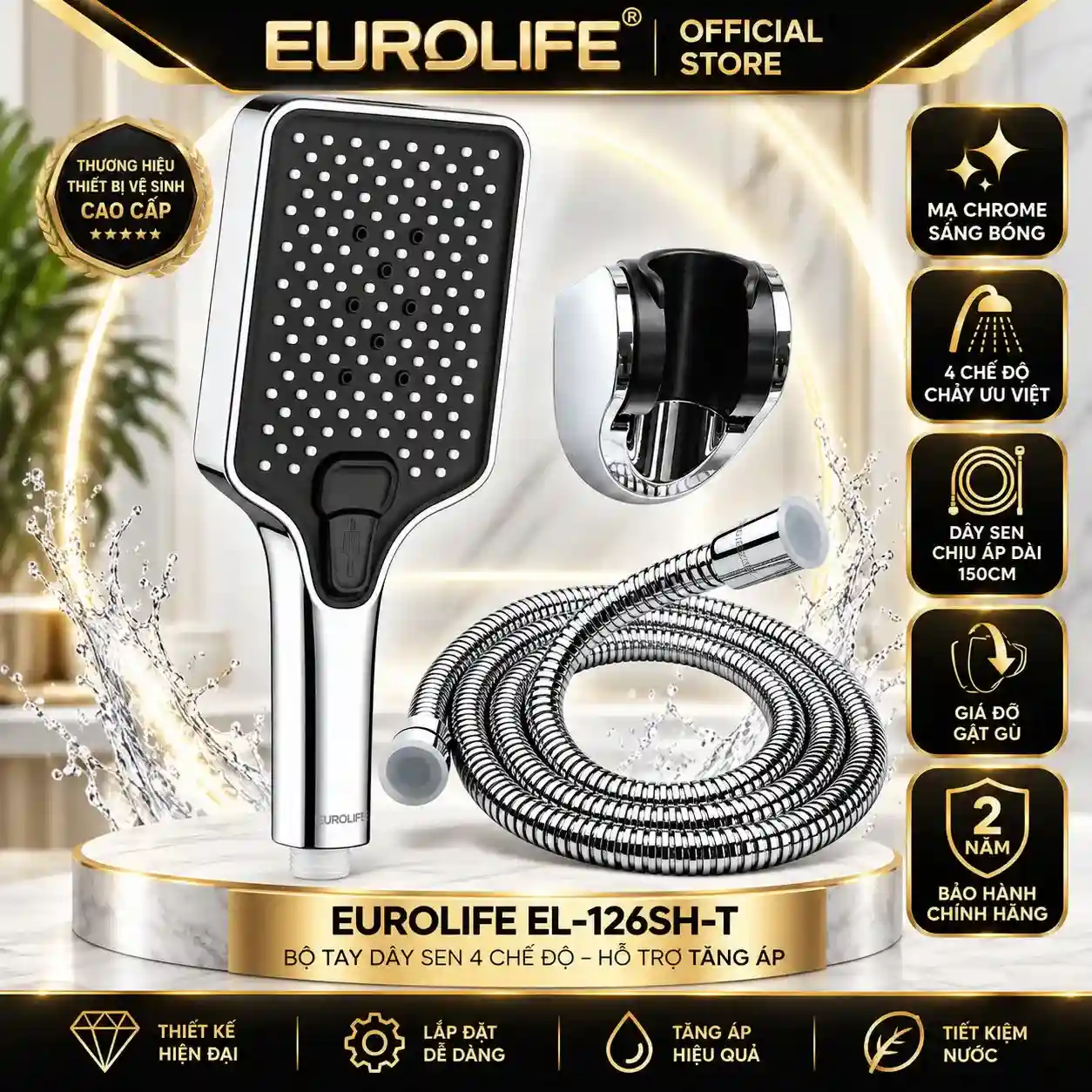 Bộ tay dây sen 4 chế độ Eurolife EL-126SH-T mạ Chrome hỗ trợ tăng áp kèm dây sen 150 cm