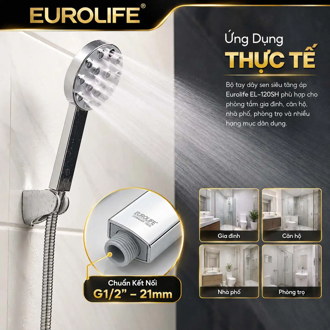 Bộ tay dây sen Eurolife EL-120SH lắp thực tế trong phòng tắm với chuẩn kết nối G1/2” – 21mm