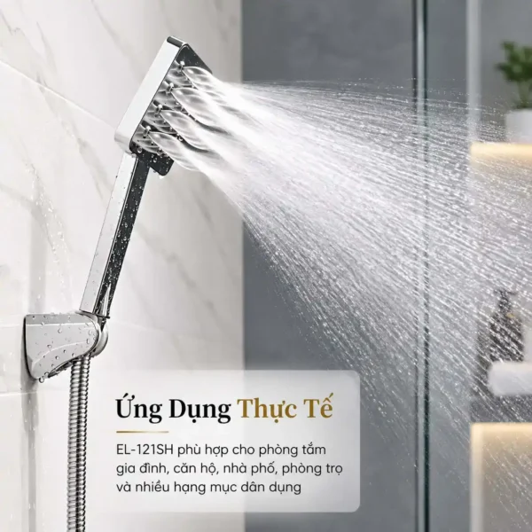 Bộ tay dây sen Eurolife EL-121SH lắp thực tế trong phòng tắm với tay sen mặt vuông và dòng nước Phun tăng áp massage
