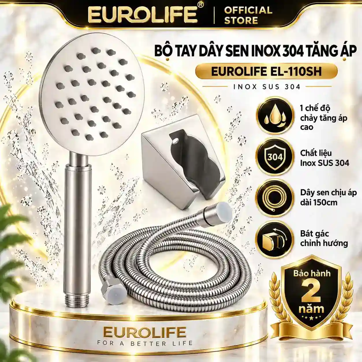 Bộ tay dây sen Inox 304 tăng áp Eurolife EL-110SH gồm tay sen, dây sen 150cm và bát gác Inox SUS 304
