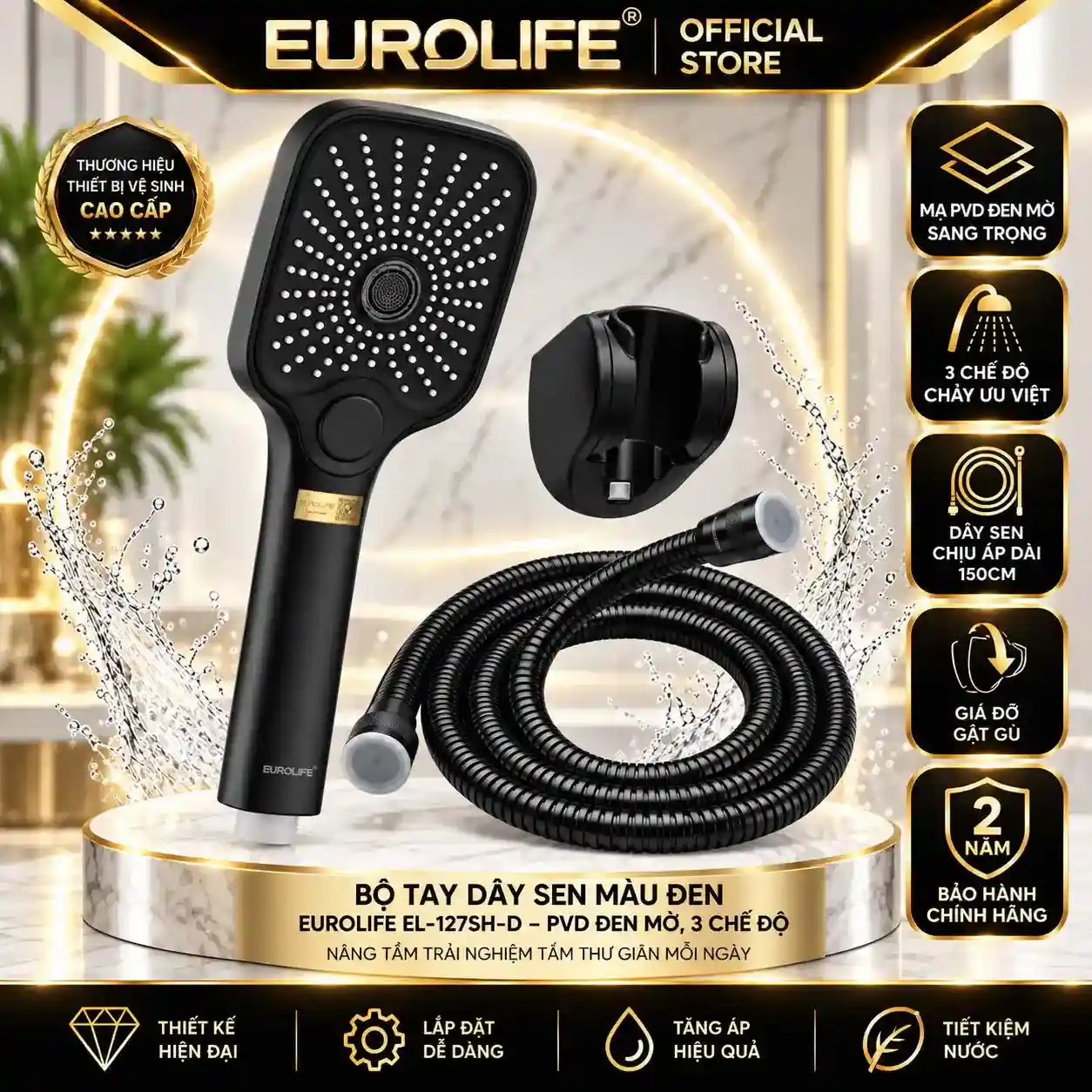 Bộ tay dây sen màu đen Eurolife EL-127SH-D PVD đen mờ gồm tay sen 3 chế độ, dây sen 150cm và bát gác