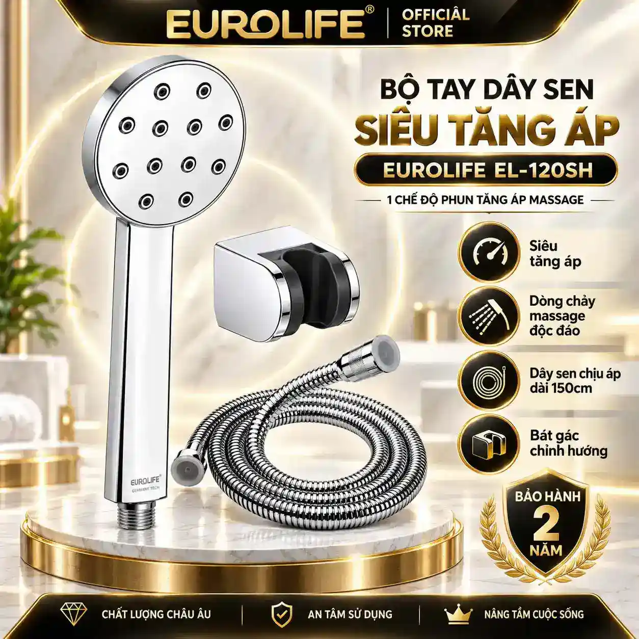 Bộ tay dây sen siêu tăng áp Eurolife EL-120SH 1 chế độ Phun tăng áp massage