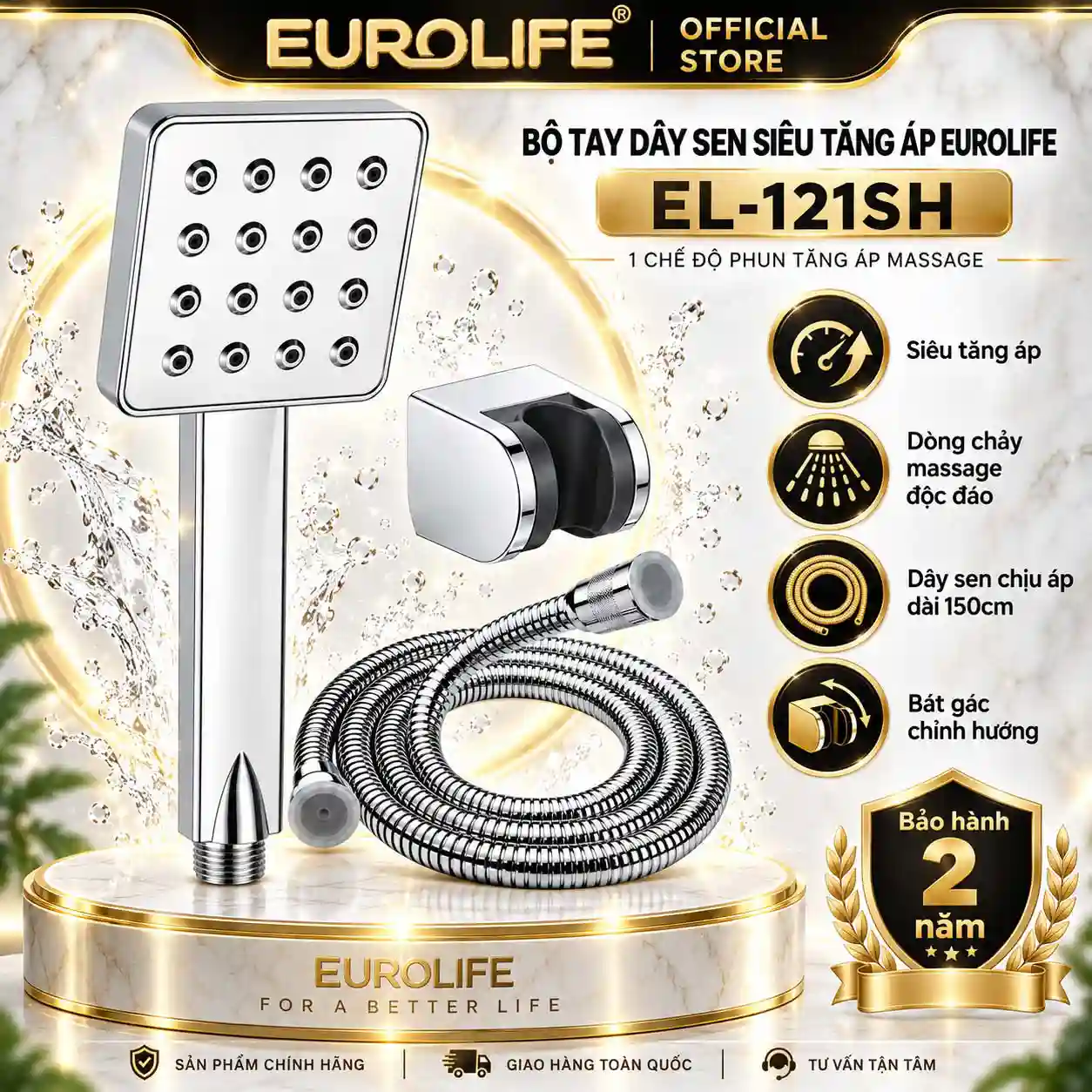 Bộ tay dây sen tăng áp Eurolife EL-121SH gồm tay sen mặt vuông, dây sen 150cm và bát gác điều chỉnh góc