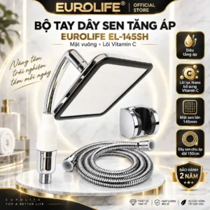 Bộ tay dây sen tăng áp Eurolife EL-145SH mặt vuông, lõi lọc Vitamin C gồm tay sen, dây sen và bát gác