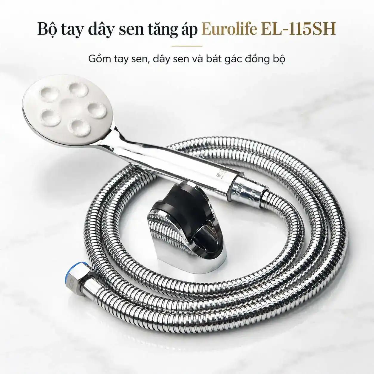Bộ tay sen Eurolife EL-115SH gồm tay sen mặt tròn, dây sen Chrome và bát gác đồng bộ