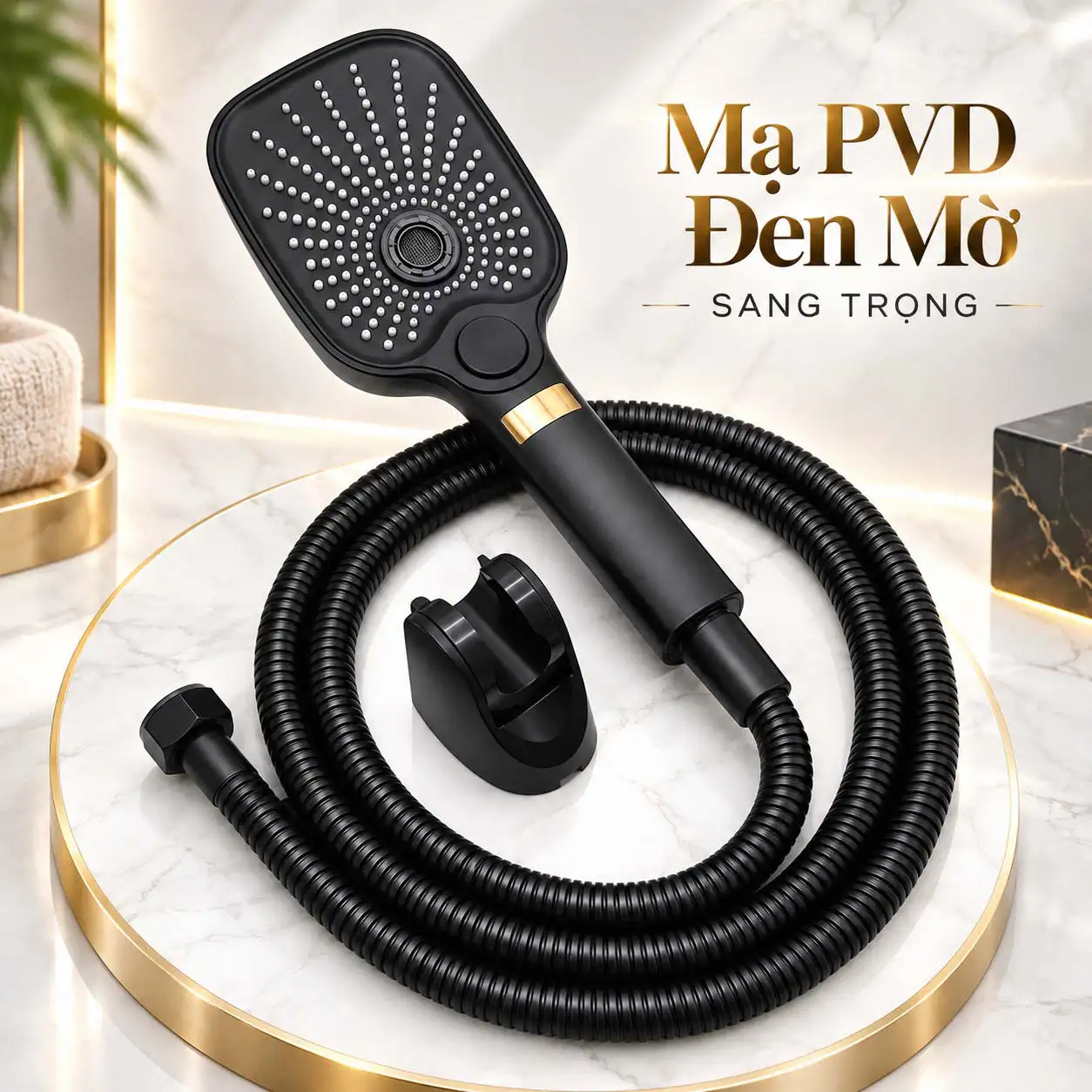 Bộ tay sen PVD đen Eurolife EL-127SH-D gồm tay sen, dây sen và bát gác đồng bộ màu đen mờ