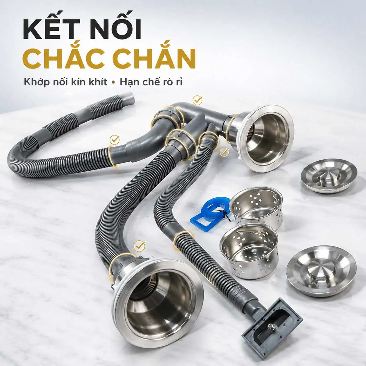 Bộ thoát nước hai hố đi kèm chậu Eurolife EL-C8245 với rốn xả và ống nối