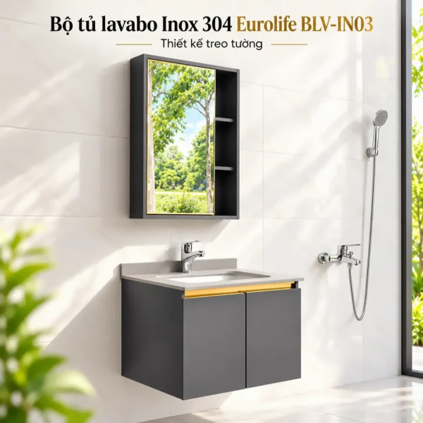 Bộ tủ lavabo Eurolife BLV-IN03 treo tường trong phòng tắm hiện đại, gồm tủ dưới màu nâu sậm, chậu sứ âm bàn và tủ gương viền vàng.