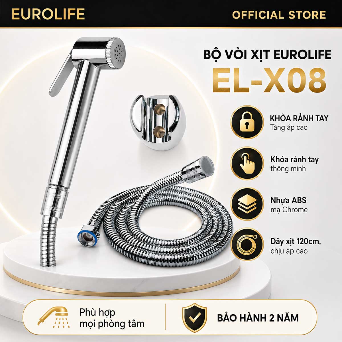 Bộ vòi xịt vệ sinh Eurolife EL-X08 gồm tay xịt ABS mạ Chrome, dây 120cm và bát gác, bảo hành 2 năm.