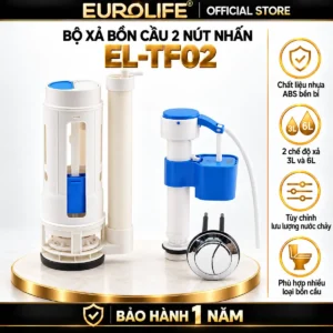 Bộ xả bồn cầu 2 nút nhấn Eurolife EL-TF02 gồm cọc xả, cọc cấp nước và nút nhấn kép trên nền trắng vàng