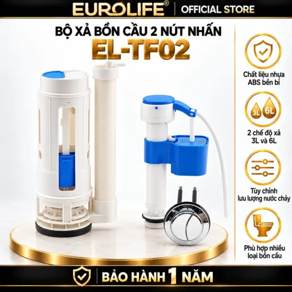 Bộ xả bồn cầu 2 nút nhấn Eurolife EL-TF02 gồm cọc xả, cọc cấp nước và nút nhấn kép trên nền trắng vàng