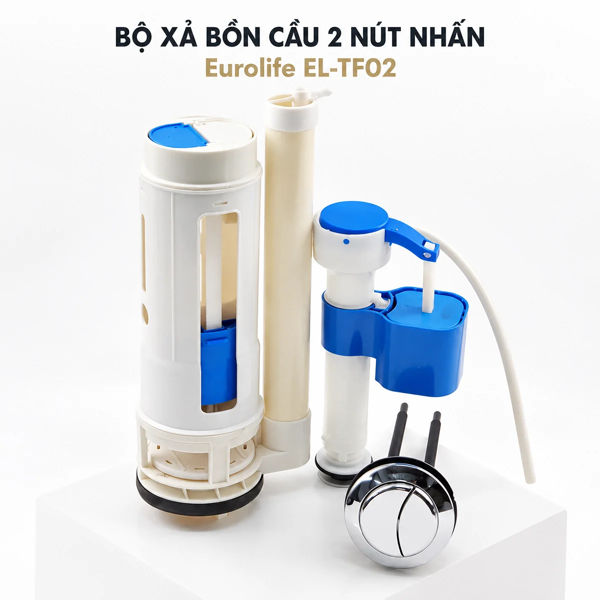 Bộ cấp xả Eurolife EL-TF02 gồm cọc xả, cọc cấp nước và nút nhấn kép đặt trên bục trắng