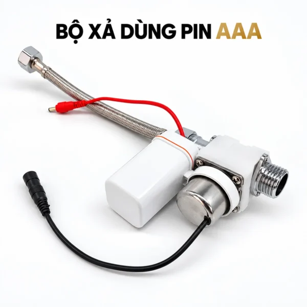 Bộ van xả cảm ứng EL-BT221 với dây cấp nước, hộp pin và dây kết nối.