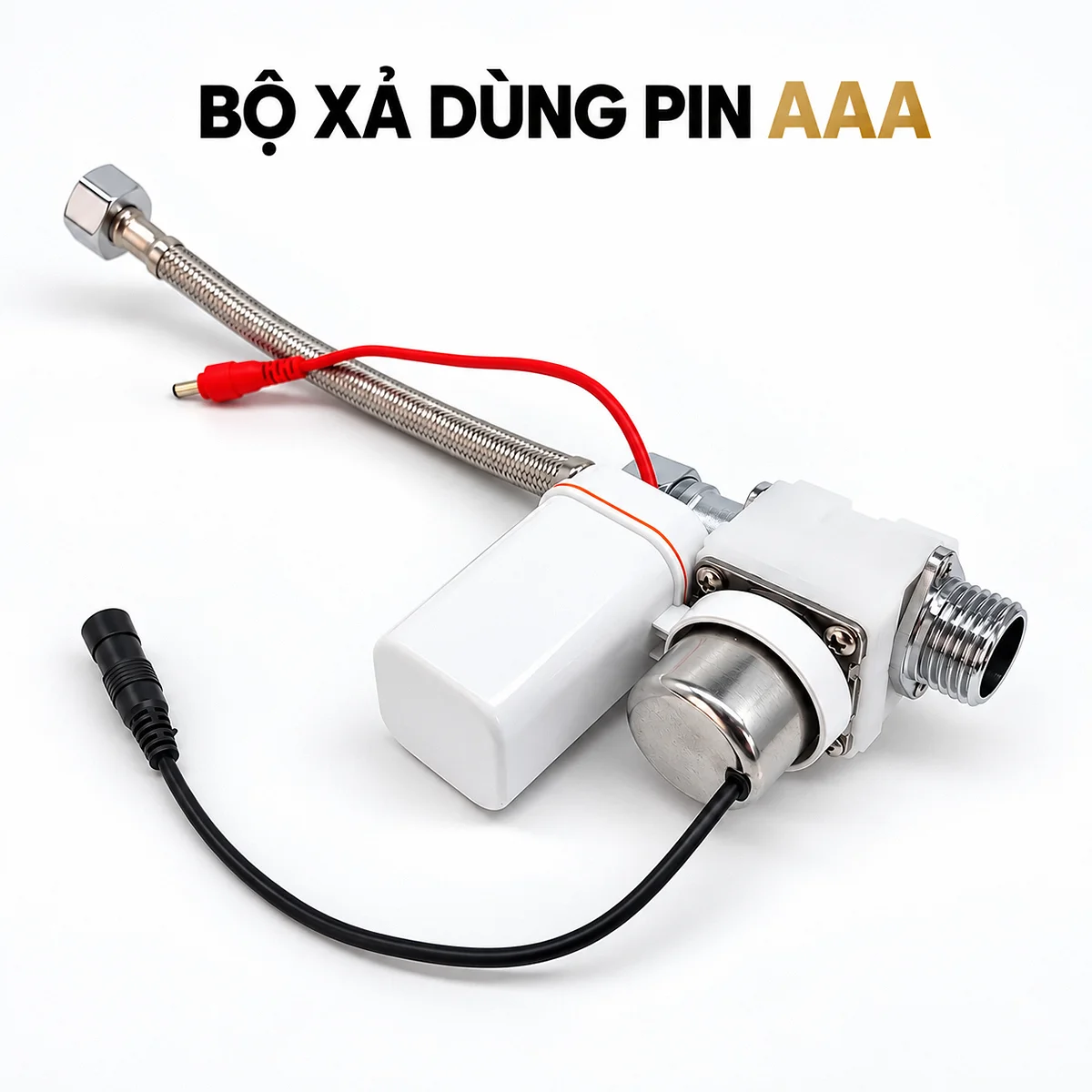 Bộ van xả cảm ứng EL-BT221 với dây cấp nước, hộp pin và dây kết nối.