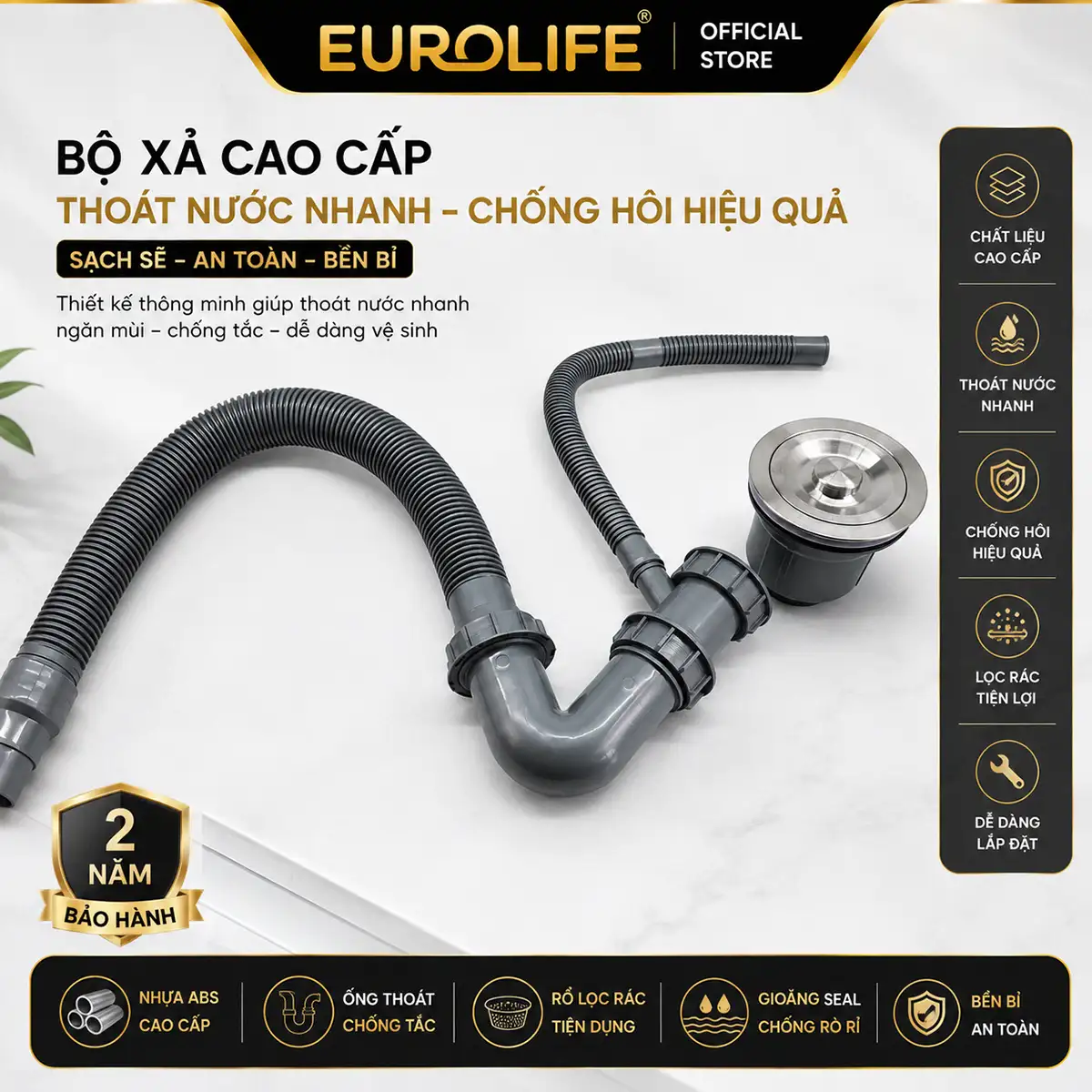 Bộ xả và co P chậu đá thạch anh Eurolife EL-QC6049