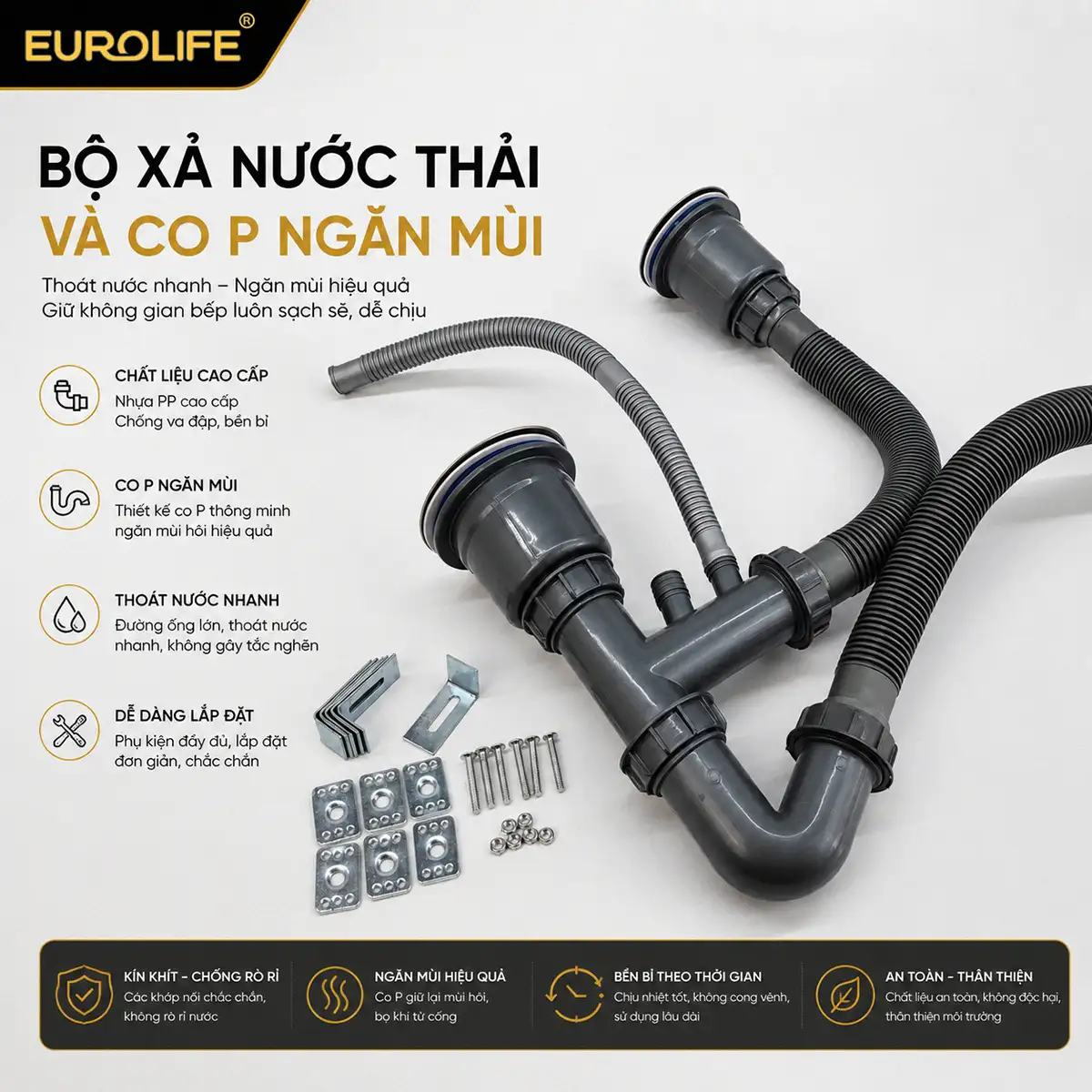 Bộ xả và co P chậu đá thạch anh Eurolife EL-QC8349